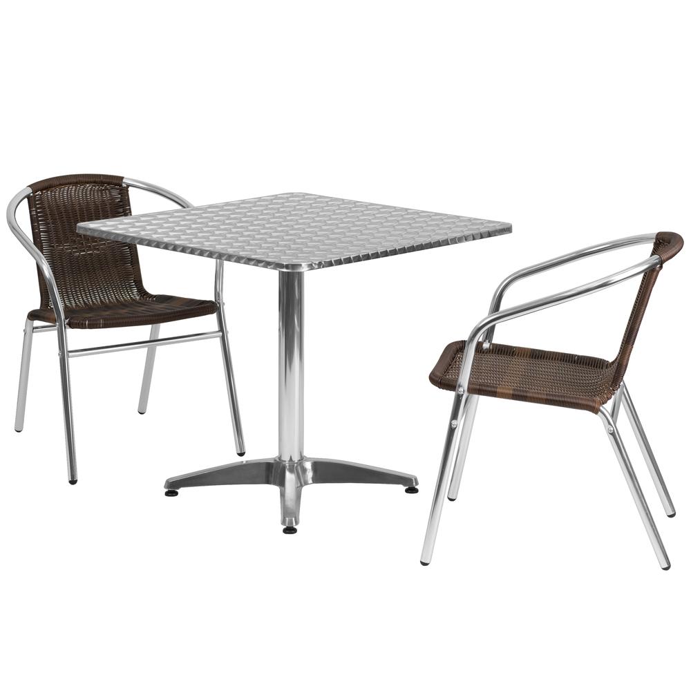 31.5'' Square Aluminum Indoor-Outdoor Table Set with 2 Dark Brown Rattan Chairs - Flash Furniture