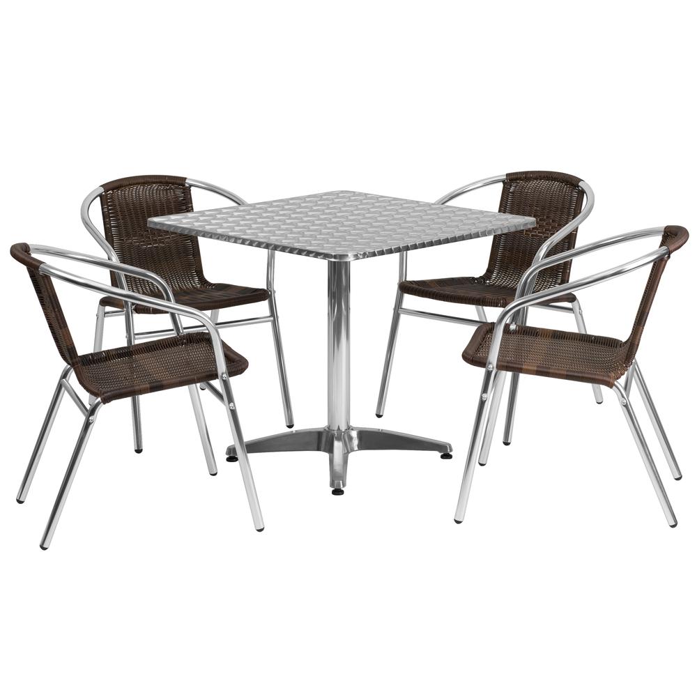 31.5'' Square Aluminum Indoor-Outdoor Table Set with 4 Dark Brown Rattan Chairs - Flash Furniture