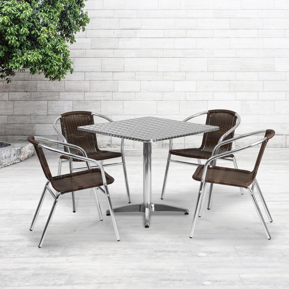 31.5'' Square Aluminum Indoor-Outdoor Table Set with 4 Dark Brown Rattan Chairs - Flash Furniture