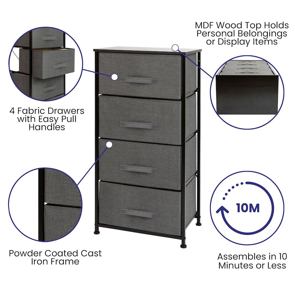 4 Drawer Wood Top BlackFrame Vertical Storage Dresser with Dark Gray Drawers - Flash Furniture