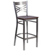 Clear Coated ''X'' Back Metal Restaurant Barstool - Walnut Wood Seat - Flash Furniture