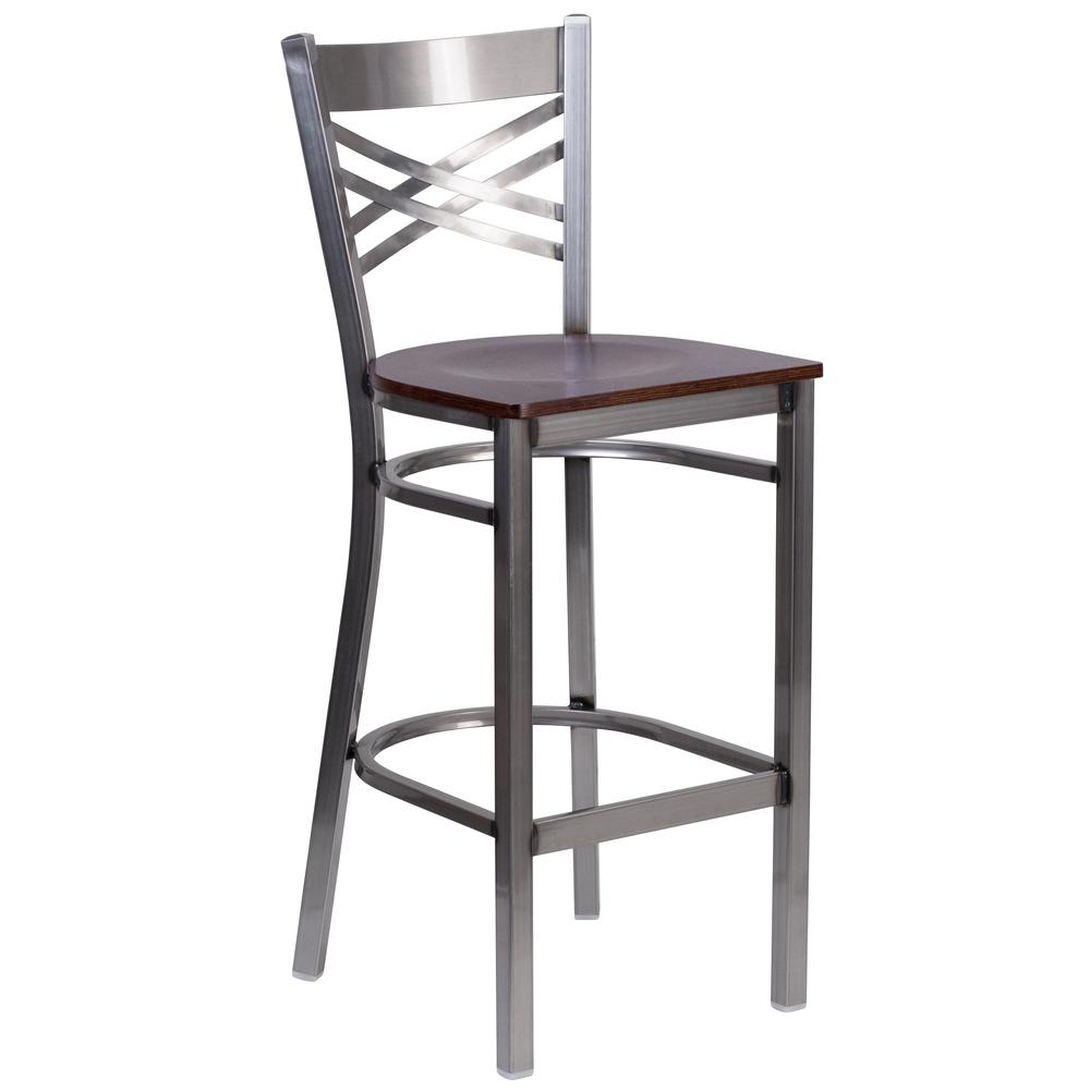 Clear Coated ''X'' Back Metal Restaurant Barstool - Walnut Wood Seat - Flash Furniture