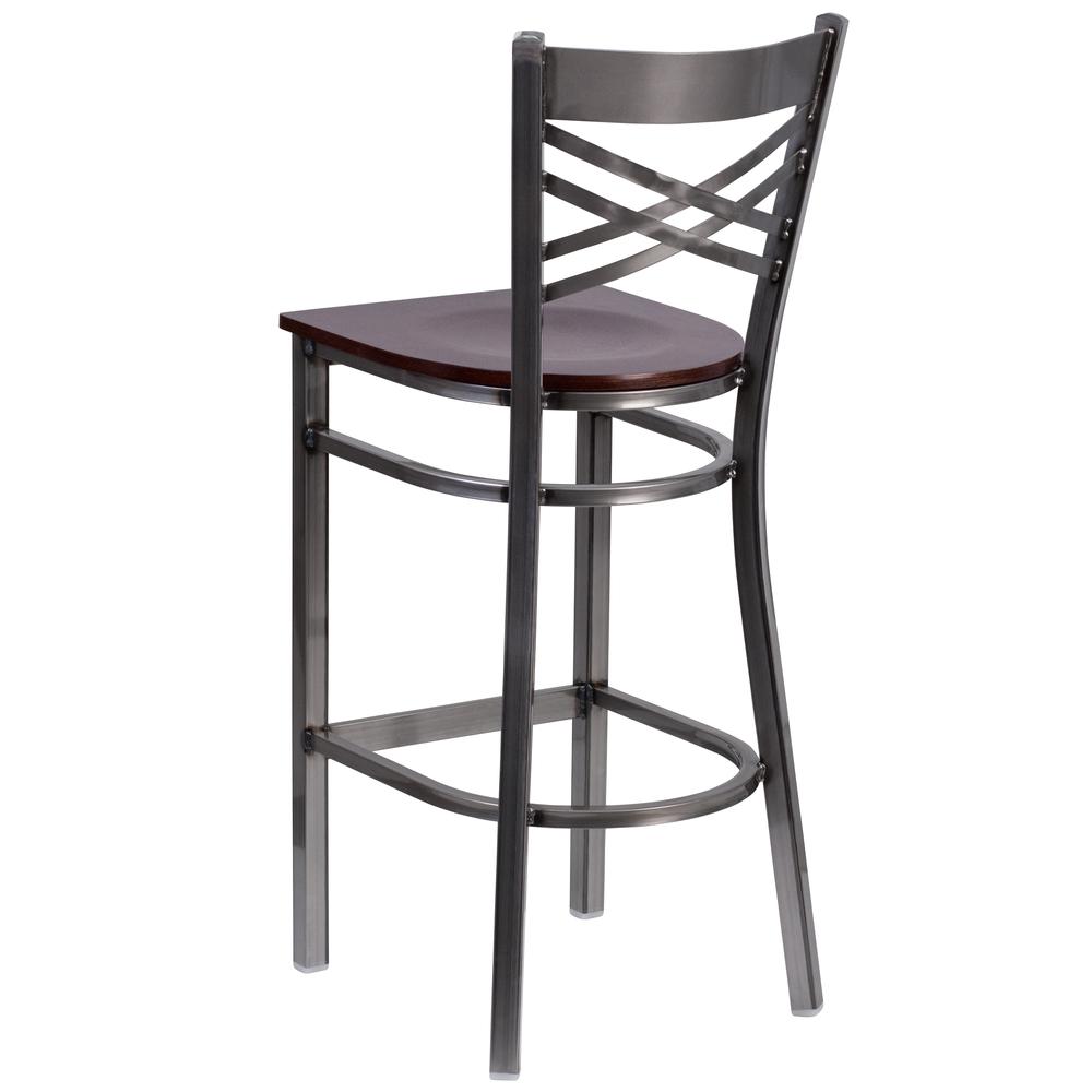 Clear Coated ''X'' Back Metal Restaurant Barstool - Walnut Wood Seat - Flash Furniture