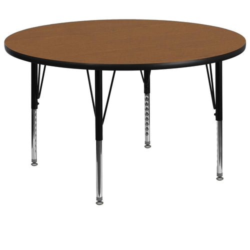 60'' Round Oak Thermal Laminate Activity Table - Height Adjustable Short Legs - Flash Furniture