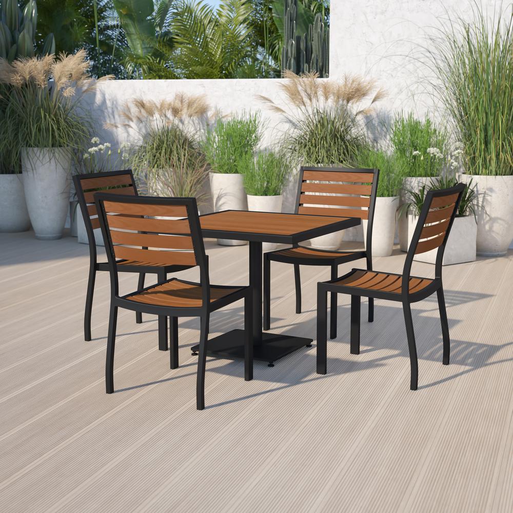 Outdoor Patio Bistro Dining Table Set with 4 Chairs and Faux Teak Poly Slats - Flash Furniture