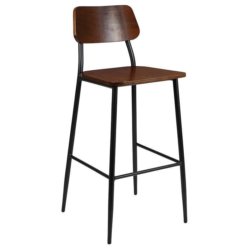 Industrial Barstool with Gunmetal Steel Frame and Rustic Wood Seat - Flash Furniture