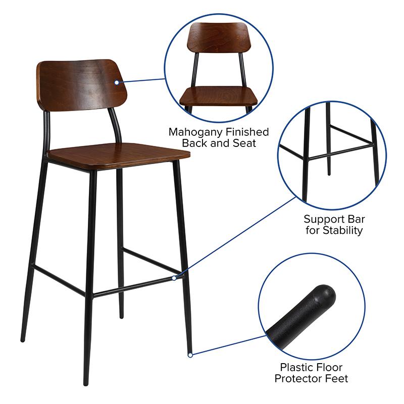 Industrial Barstool with Gunmetal Steel Frame and Rustic Wood Seat - Flash Furniture