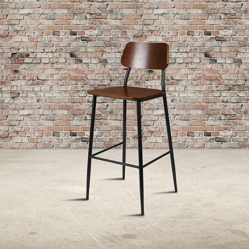 Industrial Barstool with Gunmetal Steel Frame and Rustic Wood Seat - Flash Furniture