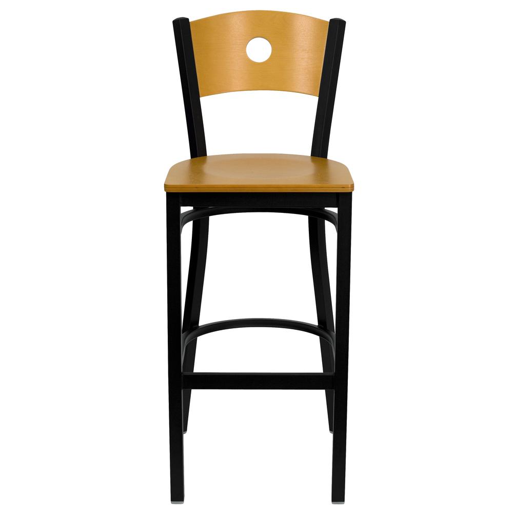 Black Circle Back Metal Restaurant Barstool - Natural Wood Back & Seat - Flash Furniture