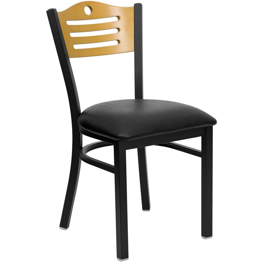 Black Slat Back Metal Restaurant Chair - Natural Wood Back, Black Vinyl Seat - Flash Furniture