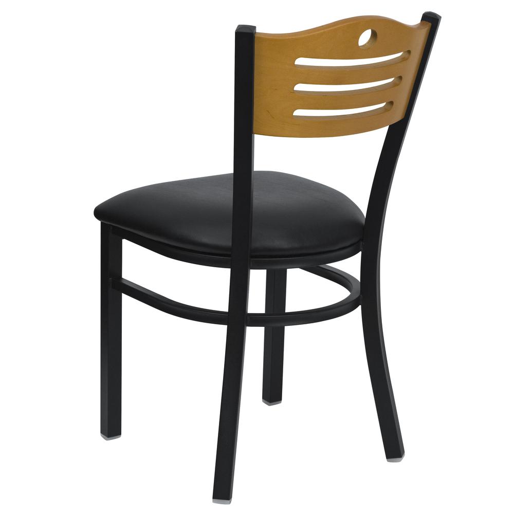 Black Slat Back Metal Restaurant Chair - Natural Wood Back, Black Vinyl Seat - Flash Furniture