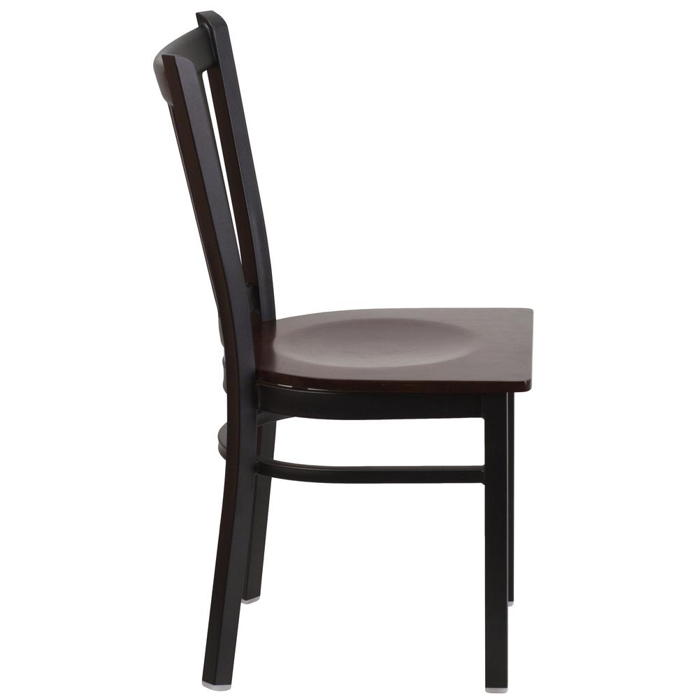 Black Vertical Back Metal Restaurant Chair - Walnut Wood Seat - Flash Furniture