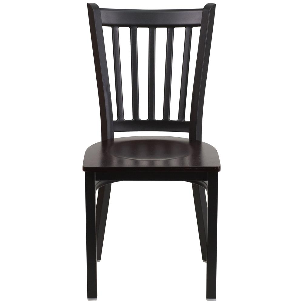 Black Vertical Back Metal Restaurant Chair - Walnut Wood Seat - Flash Furniture