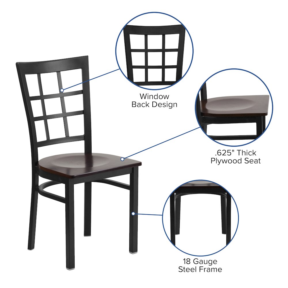 Black Window Back Metal Restaurant Chair - Walnut Wood Seat - Flash Furniture