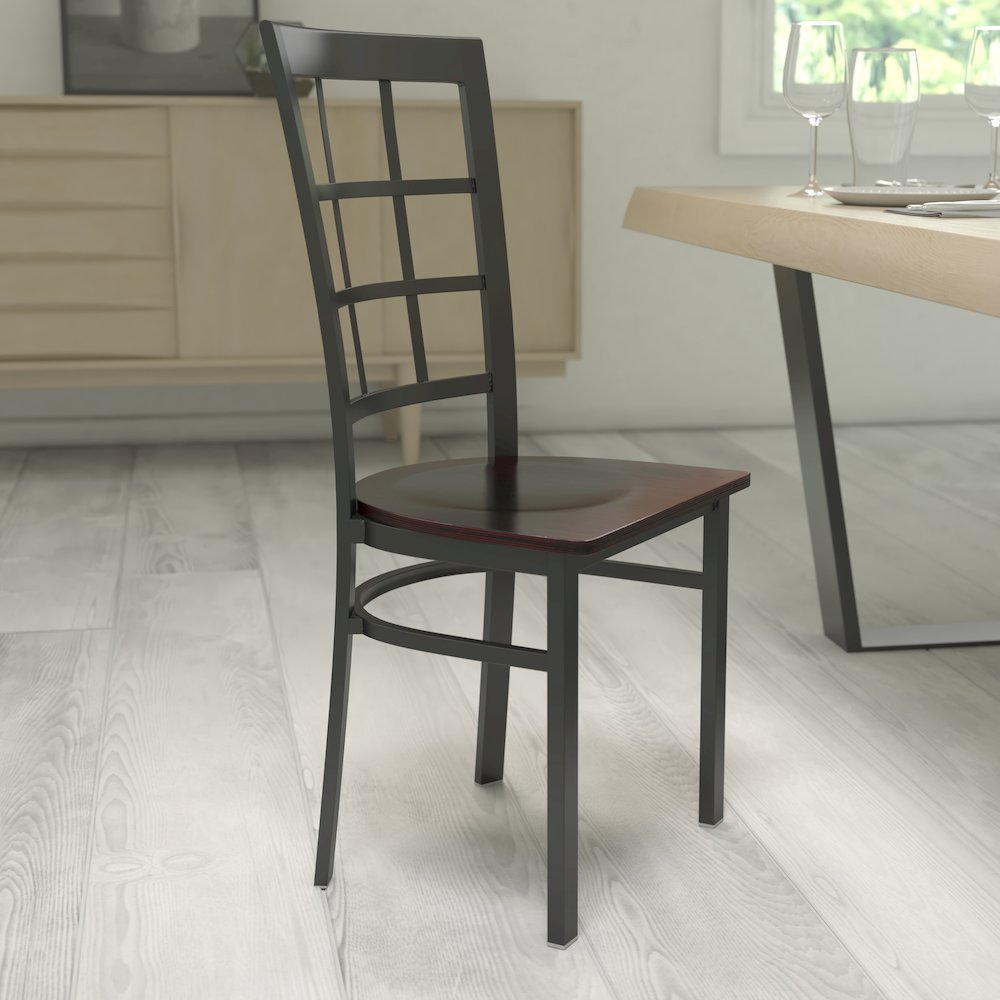 Black Window Back Metal Restaurant Chair - Walnut Wood Seat - Flash Furniture