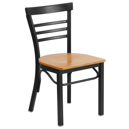 Black Three-Slat Ladder Back Metal Restaurant Chair - Natural Wood Seat - Flash Furniture