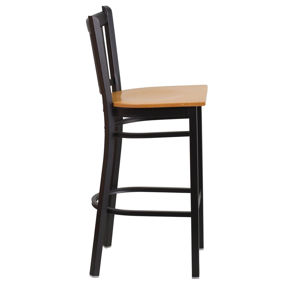 Black Vertical Back Metal Restaurant Barstool - Natural Wood Seat - Flash Furniture