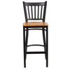 Black Vertical Back Metal Restaurant Barstool - Natural Wood Seat - Flash Furniture