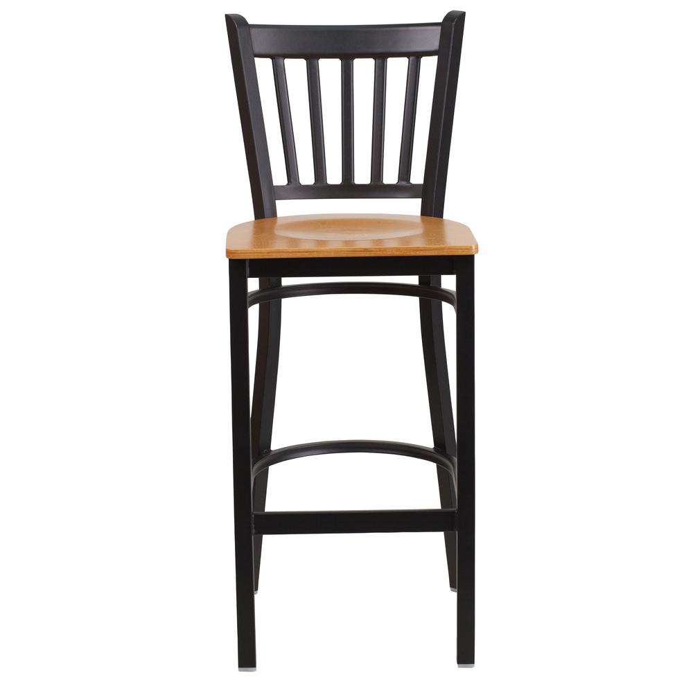 Black Vertical Back Metal Restaurant Barstool - Natural Wood Seat - Flash Furniture