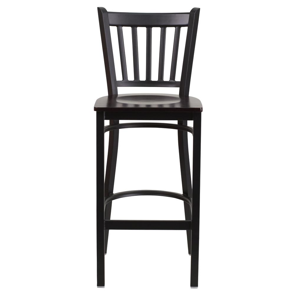 Black Vertical Back Metal Restaurant Barstool - Walnut Wood Seat - Flash Furniture