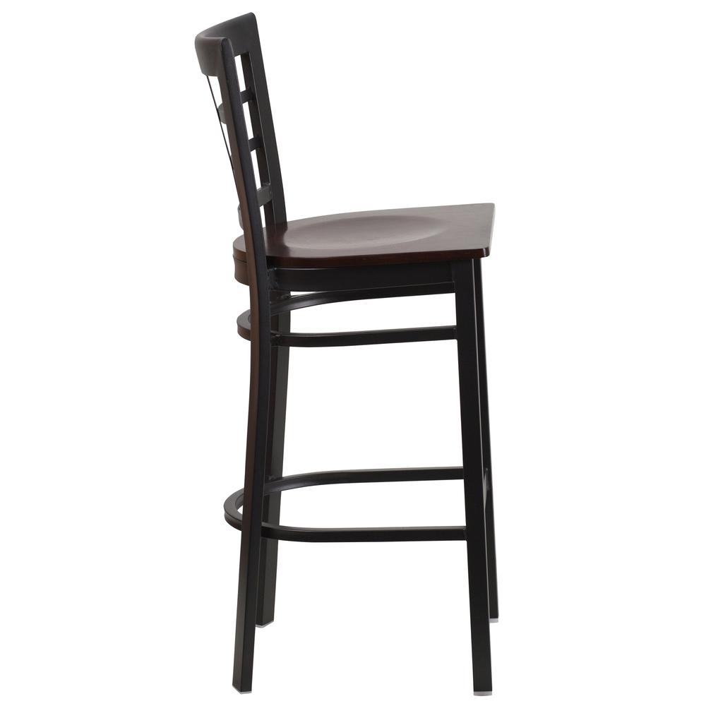 Black Window Back Metal Restaurant Barstool - Walnut Wood Seat - Flash Furniture