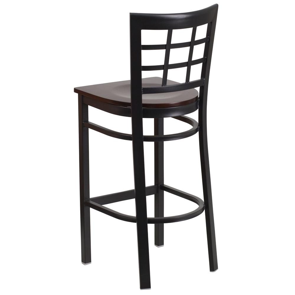 Black Window Back Metal Restaurant Barstool - Walnut Wood Seat - Flash Furniture