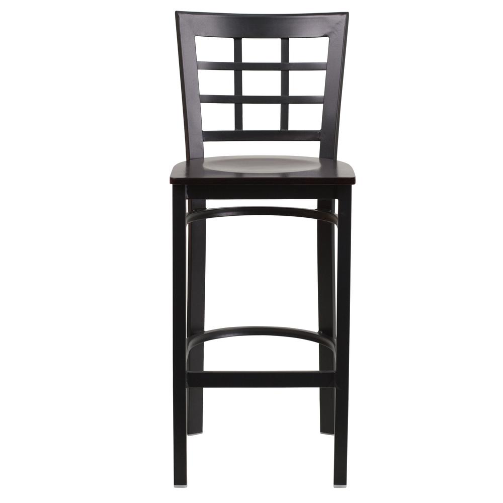 Black Window Back Metal Restaurant Barstool - Walnut Wood Seat - Flash Furniture