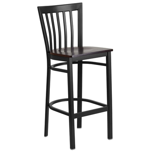 Black School House Back Metal Restaurant Barstool - Walnut Wood Seat - Flash Furniture