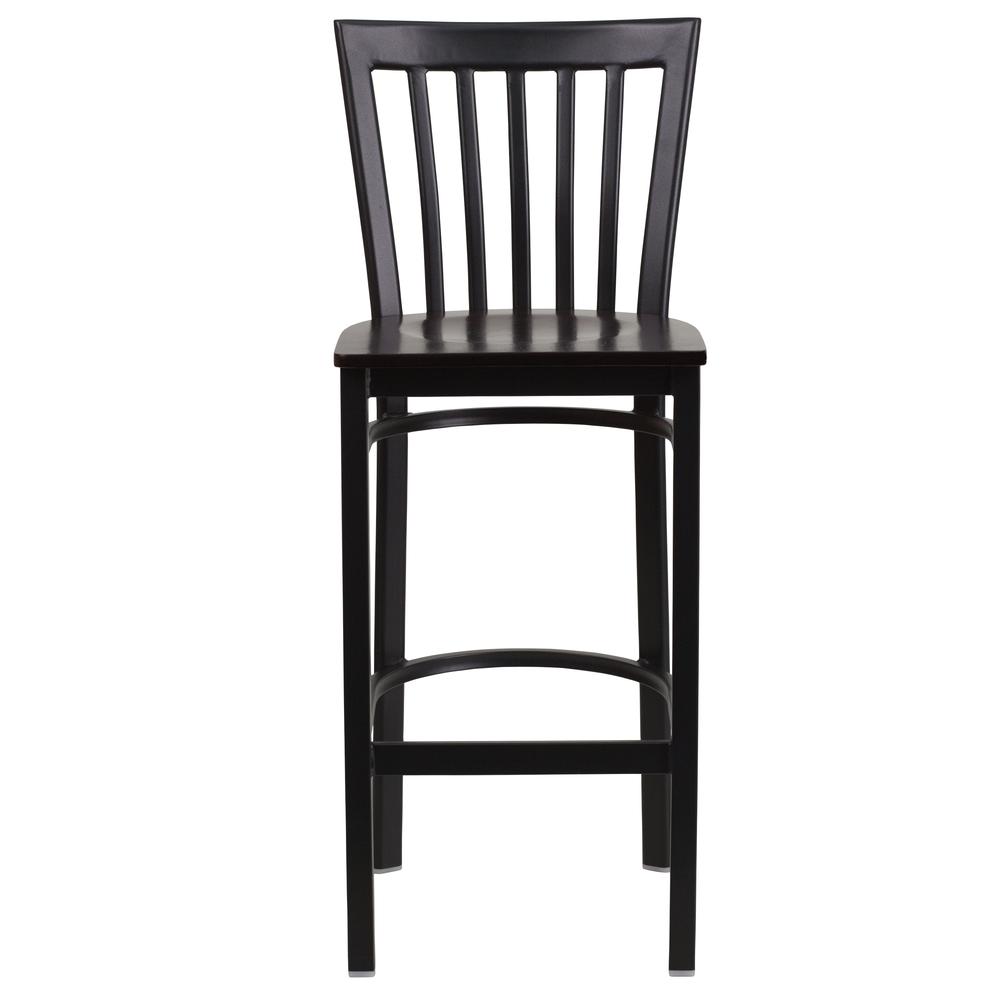 Black School House Back Metal Restaurant Barstool - Walnut Wood Seat - Flash Furniture