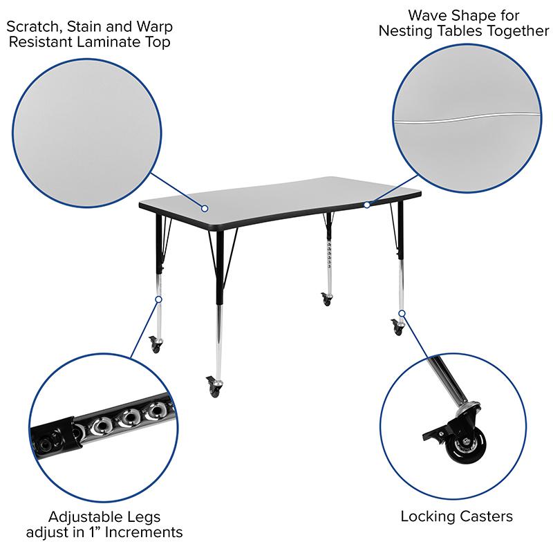 Mobile 76'' Wave Activity Table Set with 18'' Student Stack Chairs, Grey/Black - Flash Furniture