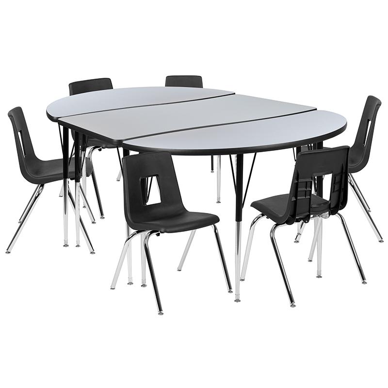 76'' Oval Wave Activity Table Set with 18'' Student Stack Chairs, Grey/Black - Flash Furniture