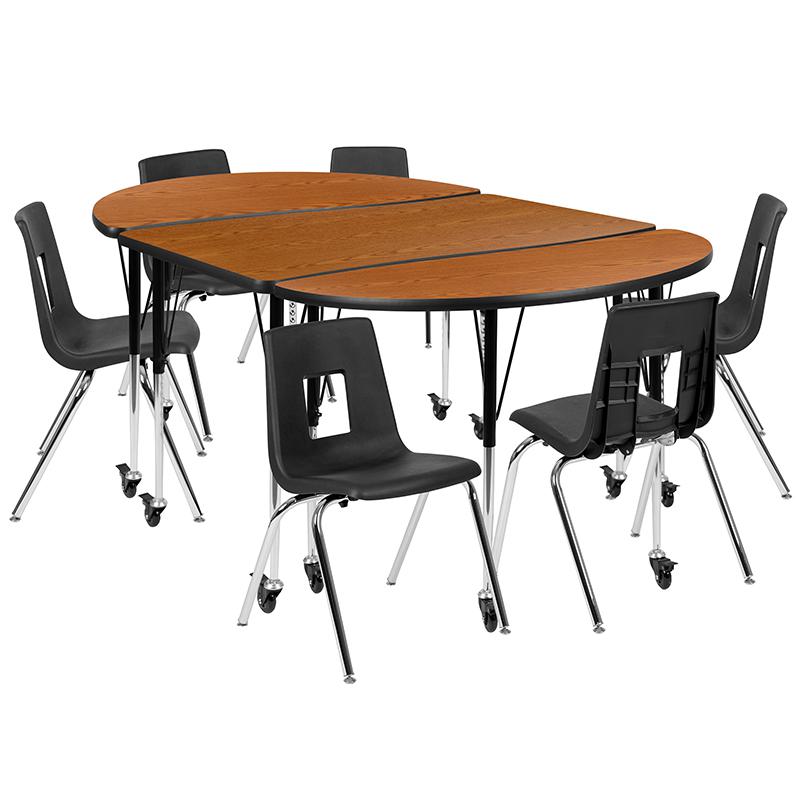 Mobile 76'' Oval Wave Activity Table Set with 18'' Student Stack Chairs, Oak/Black - Flash Furniture