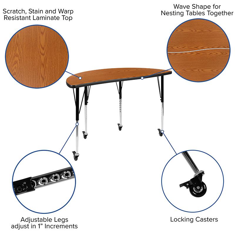 Mobile 76'' Oval Wave Activity Table Set with 18'' Student Stack Chairs, Oak/Black - Flash Furniture