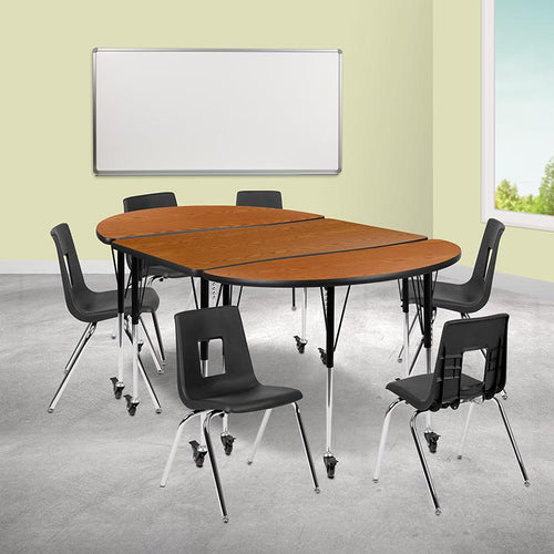 Mobile 76'' Oval Wave Activity Table Set with 18'' Student Stack Chairs, Oak/Black - Flash Furniture