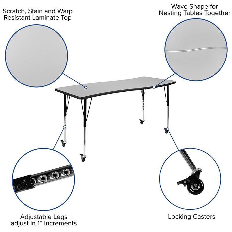 Mobile 86'' Wave Activity Table Set with 18'' Student Stack Chairs, Grey/Black - Flash Furniture