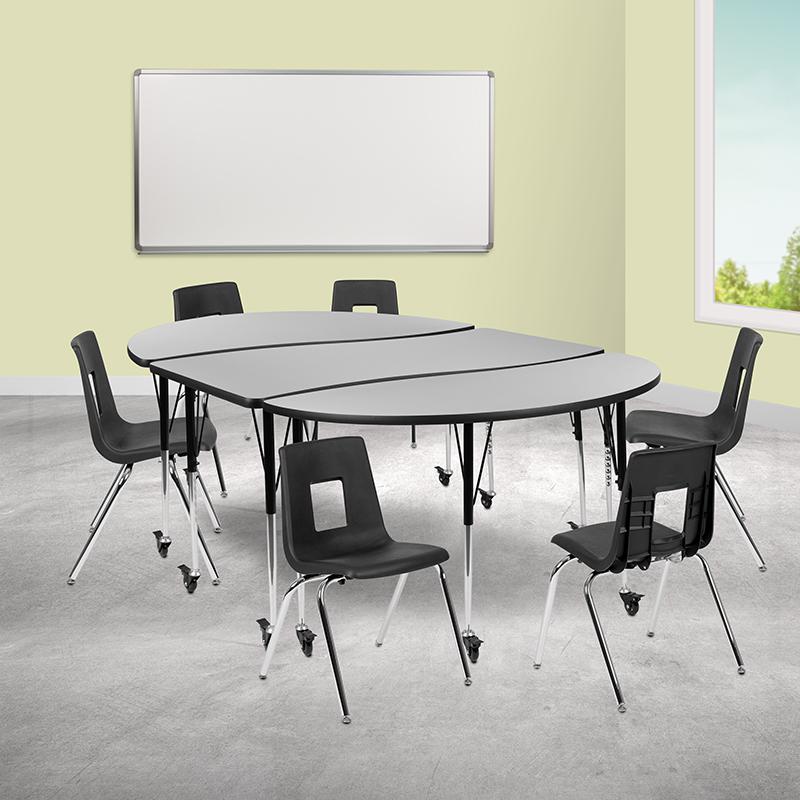 Mobile 86'' Wave Activity Table Set with 18'' Student Stack Chairs, Grey/Black - Flash Furniture