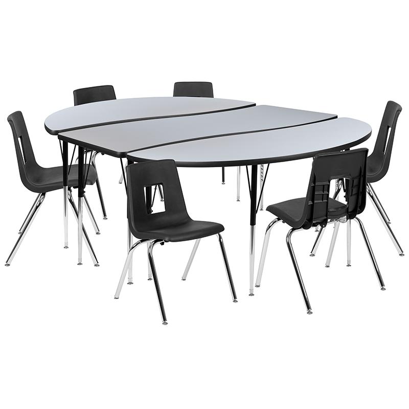 86'' Oval Wave Activity Table Set with 18'' Student Stack Chairs, Grey/Black - Flash Furniture