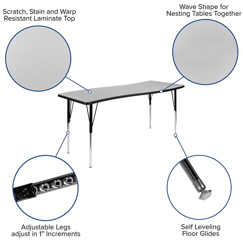 86'' Oval Wave Activity Table Set with 18'' Student Stack Chairs, Grey/Black - Flash Furniture