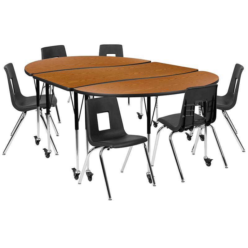 Mobile 86'' Oval Wave Activity Table Set with 18'' Student Stack Chairs, Oak/Black - Flash Furniture