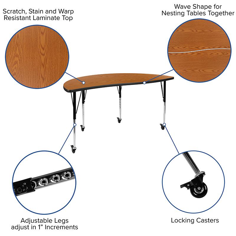 Mobile 86'' Oval Wave Activity Table Set with 18'' Student Stack Chairs, Oak/Black - Flash Furniture