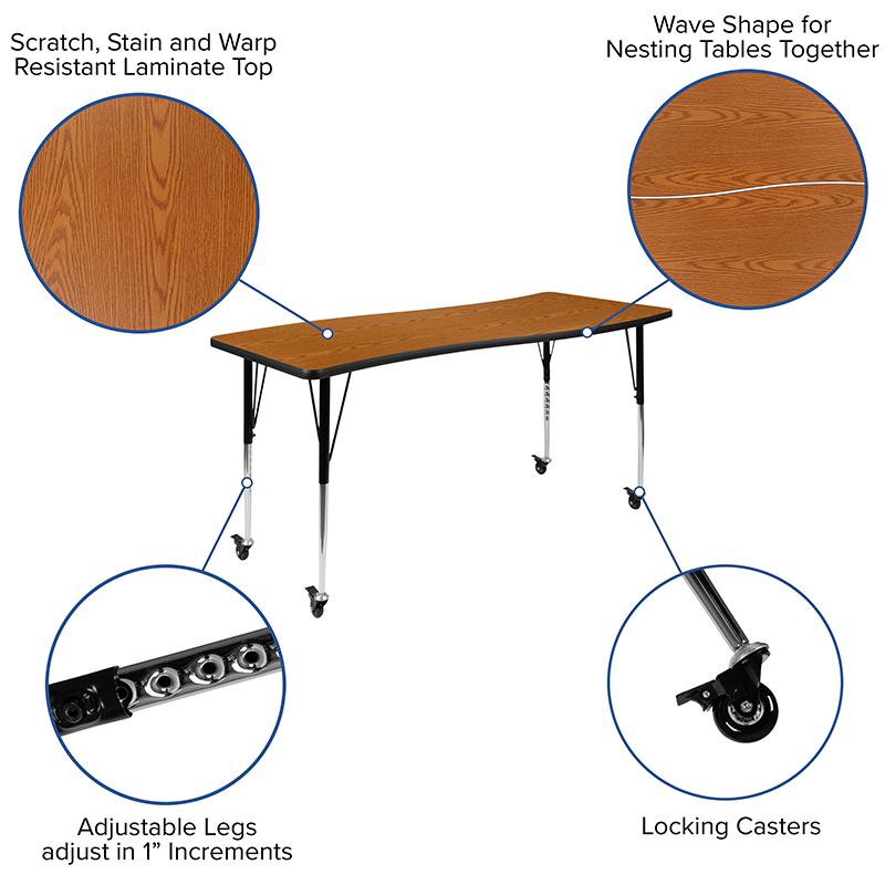 Mobile 86'' Oval Wave Activity Table Set with 18'' Student Stack Chairs, Oak/Black - Flash Furniture