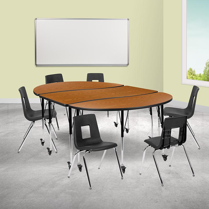 Mobile 86'' Oval Wave Activity Table Set with 18'' Student Stack Chairs, Oak/Black - Flash Furniture