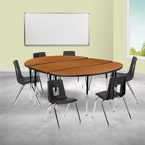 86'' Oval Wave Activity Table Set with 18'' Student Stack Chairs, Oak/Black - Flash Furniture