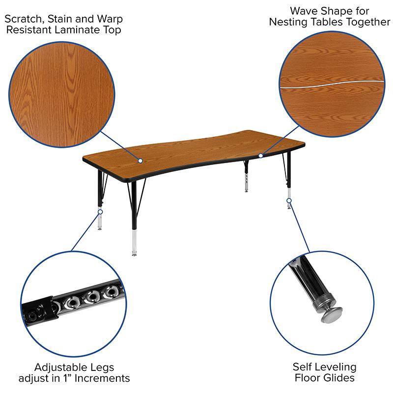 2 Piece 86'' Wave Oak Thermal Activity Table Set - Height Adjustable Short Legs - Flash Furniture