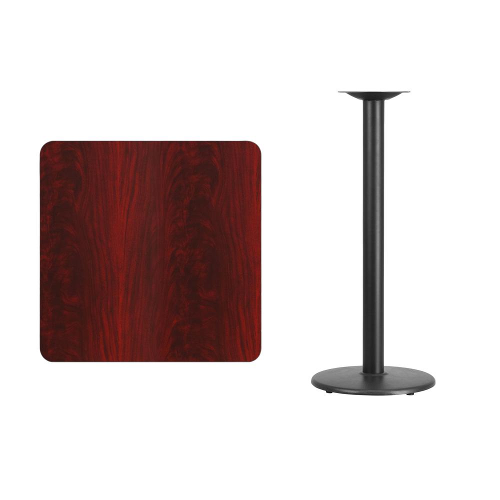 30'' Square Mahogany Laminate Table Top with 18'' Round Bar Height Table Base - Flash Furniture