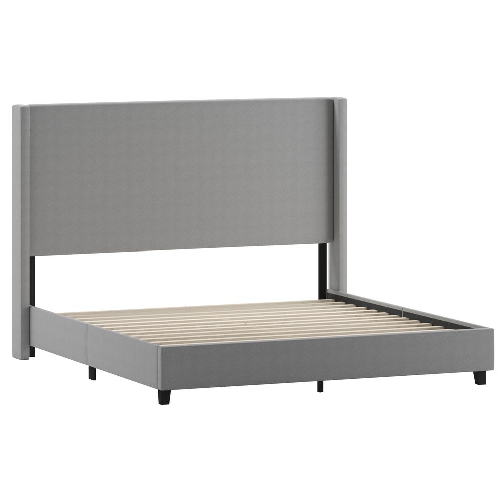 King Upholstered Platform Bed with Channel Stitched Wingback Headboard, Gray - Flash Furniture