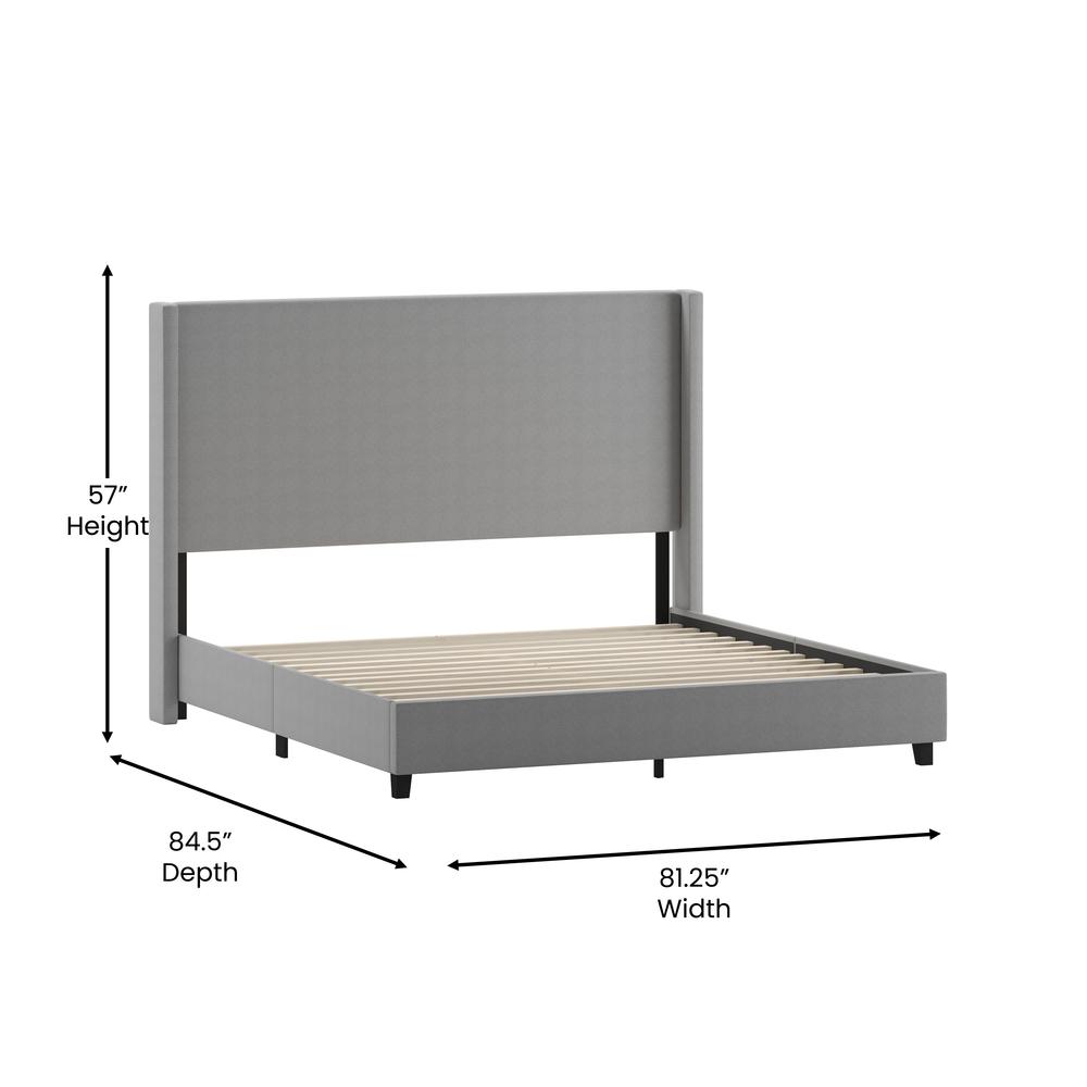 King Upholstered Platform Bed with Channel Stitched Wingback Headboard, Gray - Flash Furniture
