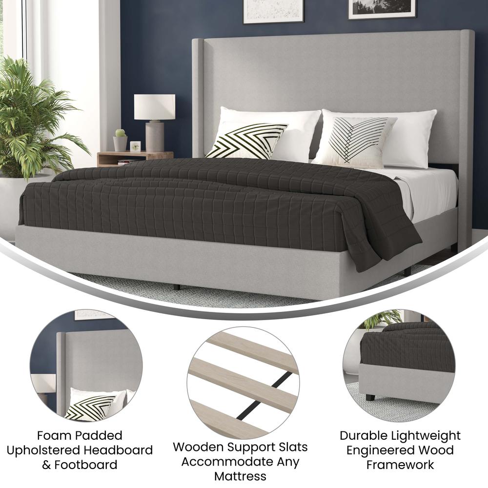 King Upholstered Platform Bed with Channel Stitched Wingback Headboard, Gray - Flash Furniture