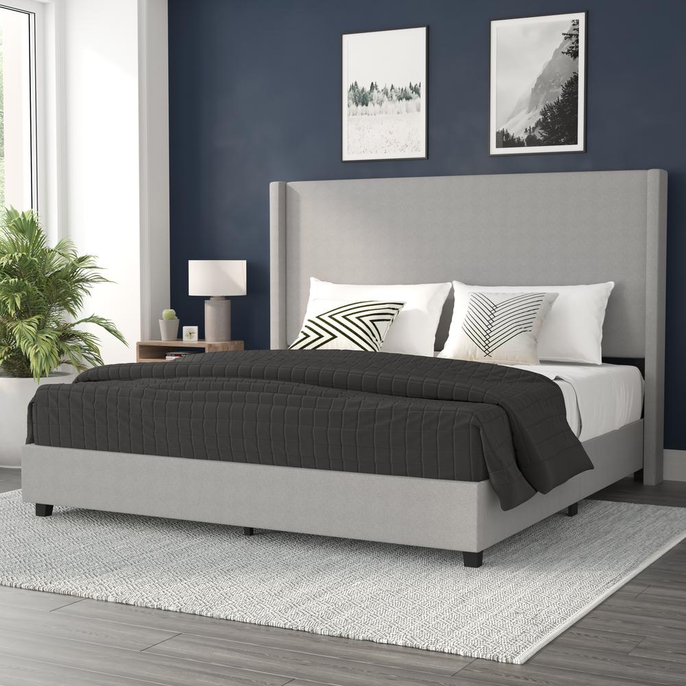 King Upholstered Platform Bed with Channel Stitched Wingback Headboard, Gray - Flash Furniture