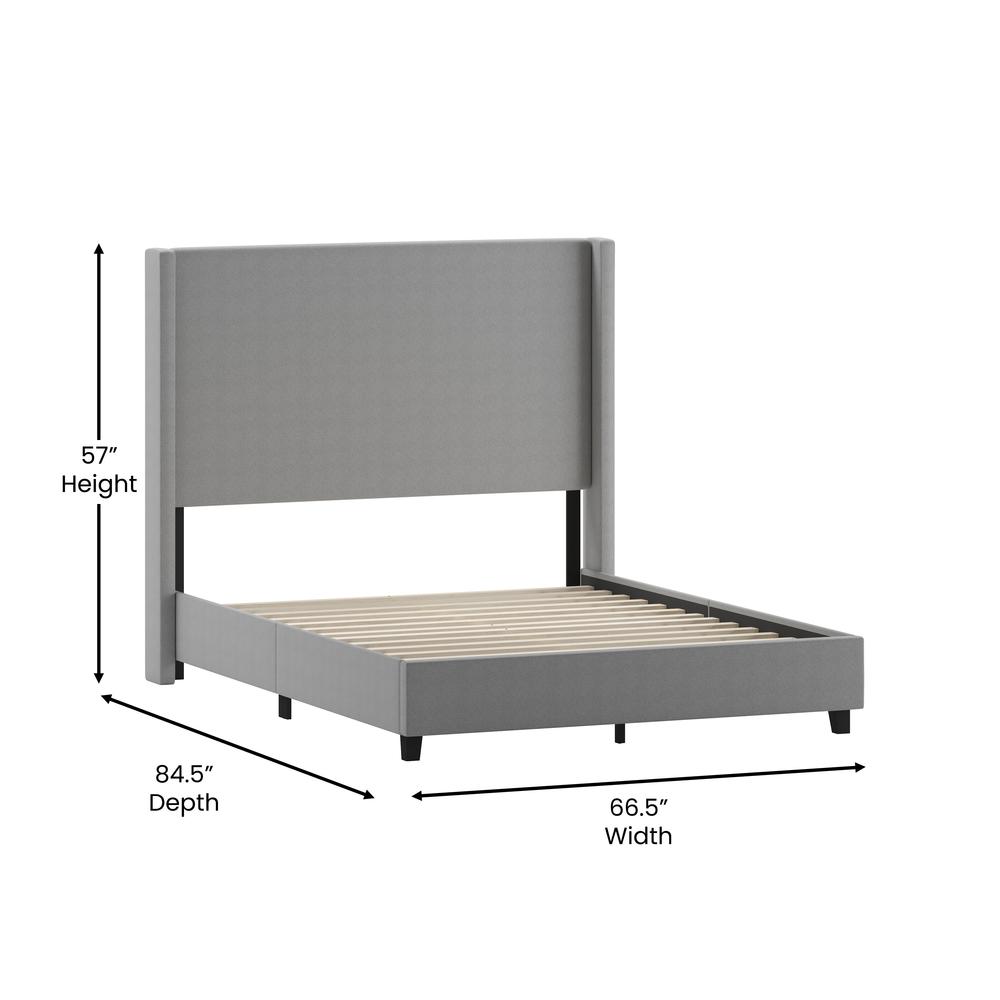 Queen Upholstered Platform Bed with Channel Stitched Wingback Headboard, Gray - Flash Furniture